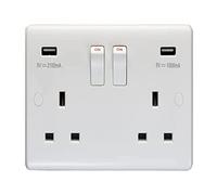 Eurolite Enhance White Plastic 13A 2 Gang Switched Socket With Dual USB Charger (5V DC 3.1A shared)