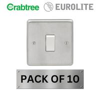 Pack of 10 Eurolite Light Switch 1 Gang 10A 2 Way with Crabtree Insert: Round Edge Satin Stainless Steel Plate with White Rocker (10)