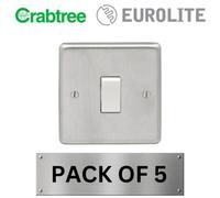 Pack of 5 Eurolite Light Switch 1 Gang 10A 2 Way with Crabtree Insert: Round Edge Satin Stainless Steel Plate with White Rocker (5)