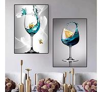 Europe Blue Wine Glass Butterfly Goblet Canvas Painting Modern Abstract Alcohol Posters and Prints Wall Art Home Decor 42x60cm(17x24in) x2 with frame