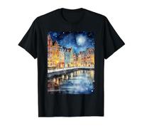 Europe Copenhagen Nyhavn Watercolor Theme Value Graphic T-Shirt, Men, Black, S