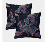 Europe Map Art 3D Printed Pillow Cover Set of 2 Microfiber Cushion Cover for Sofa Bedroom Adults 50x50cm