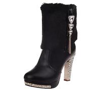 Europe USA Rhinestone High Heel Ankle Boots Women Fashion Thick Sole Stylish Female Short Tube Party Evening Dress Shoes (Black, 6)