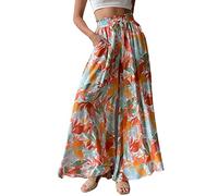 European& 2023 Summer New Women's Printed Wide Leg Trousers with Elastic Belt High Waist LNG Skirt Pants for Ladies (Orange, XL)