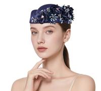 European and American retro British felt headscarf hat women's church derby headdress with floral women's soft beret (UK, Alpha, One Size, M, Navy Blue)