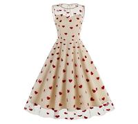 European and American round neck sleeveless Valentine's Day mesh embroidered cherry retro dress-apricot big heart-S