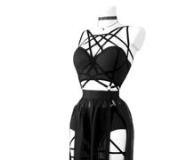 European and American style three-piece underwear dress with straps and breast pads, beautiful gauze skirt - black - S