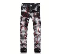 European and American Trendy Men's Jeans Slim Fit Irregular Multi Craft Embroidery Tie Flower Contrast Snowflake Washed Cloth Jeans Rugged Denim (Black, M)