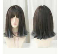 European And American Wig Long Straight Hair Black Tea Pick Haze Blue 40Cm Full Top Hair Cover Slightly Curly Medium Long Straight Hair Slightly Curly