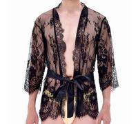 European and Style Mens Lace Kimono Robe with Mesh Pajamas for Exotic Nightwear (Black, One Size)