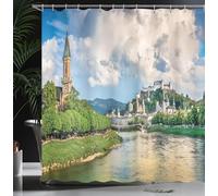 European Architecture Shower Curtain Salzburg River Shower Curtains for Bathroom Mould Resistant Fabric 3D Bathtub Curtain Waterproof PolyesterWashable200x200 cm (79 x 79 Inch) with 12 Hooks c.267