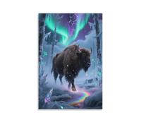 European Bison Canvas Wall Art Snow Aurora Print On Canvas Artwork for Living Room Home Office Decorations Gift 08x12inch(20x30cm)