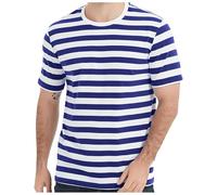 European Color Block Navy Stripe T-Shirt for Men Casual Loose Trendy Comfortable Foreign Trade Business Sports Crew Neck Short Sleeve, darkblue, L