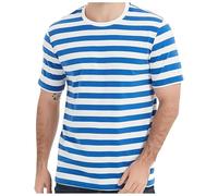 European Color Block Navy Stripe T-Shirt for Men Casual Loose Trendy Comfortable Foreign Trade Business Sports Crew Neck Short Sleeve, lightblue, M
