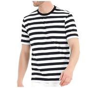 European Color Block Navy Stripe T-Shirt for Men Casual Loose Trendy Comfortable Foreign Trade Business Sports Crew Neck Short Sleeve, black, XXL