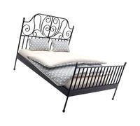 European Country Styles Dollhouses Iron Double Bed With Detachable Bedding 1/12 Scale Miniature Display Furniture