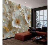 European Decorative Style Wallpaper Mural White Embossed Floral Butterfly Effect Wall Mural, Non-Woven Print Photo Wallpaper for Bedroom Living Room Kitchen Office Kids Decor 250 x 175 cm