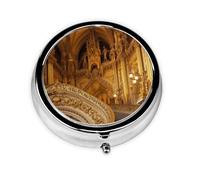 European Golden Gothic Printed Round Pill Organizer with 3 Compartments, Portable Mini Pill Box Pill Case for Medicine, Vitamin, Fish Oil, Supplements