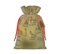European Landmarks Illustrate Print Holiday Burlap Gift Bag With Drawstring, Small Party Favor Pouches For Christmas Gifting-S Size