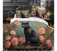 European Luxury Black Panthers Duvet Cover Set Full Size Pink Flowers Bedding Set 3 Pieces Quilt Cover With Zipper Closure Ultra Soft Microfiber Comforter Cover