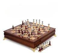 European Luxury Chess Set - High-End Solid Wood Drawer Chess Table with Gold Metal Inlaid Pieces, Classic Decorative International Chess Board