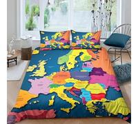 European Map Single Duvet Cover Sets 3D Printed Geography Bedding Set Soft Brushed Microfiber Quilt Cover 135x200 cm with Zipper Closure for Teens and Adults with 2 Pillowcases d-1581
