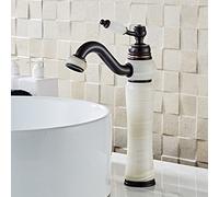 European Natural Jade countertop Basin hot and Cold Water Faucet All Copper Black American Art Pot Marble Antique Faucet, White Jade [Non-rotatable]