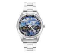 European Old City and The Sea Port Estonia Men's Casual Watch with Stainless Steel Strap Alloy Quartz Wrist Watches