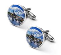 European Old City And The Sea Port Estonia Shirt Cufflinks Round Cuff Links for Business Wedding Party Father's Day Gift 1.7cm