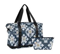 European Retro Blue and White Patterns Waterproof Sports Tote Gym Bag Travel Overnight Carry on Bag with Toiletry Bag for Airplane Traveling