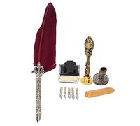 European Retro Feather Dip Pen Set with Stainless Steel Nibs, Vintage Calligraphy Writing Kit with Ink Wax Seal Gift Box for Journaling and Letter Writing (SFDPS025006 Wine Red)