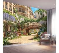 European Retro Photo Wallpaper Beige Architecture Wisteria Wall Mural, 200 x 140 cm Wall Paper for Kids Bedroom Living Room, Non-Woven Poster Picture Design Modern Murals Room Decor