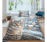 European Shorthair Duvet Cover Set Soft Polyester 3 Piece 3D Printed Bedding Set Cat Winter Town Duvet Cover with Pillowcase for Teens And Adults Single（135x200cm）
