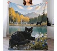 European Shorthair Fleece Throw Blanket for Couch Sofa Bed All Season Black Cat Brown Bear Pattern Blanket Comfort Warmth Flannel Creative Gift for Wedding Anniversary 70x80inch(180x200cm)