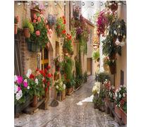 European Shower Curtain With Nature Scene,3D Printing Mediterranean Greece Scene Old Street Flowers Picture,Waterproof Polyester Fabric Bathroom Decor 180x200cm