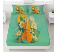 European Single Fitted Sheet 90 x 200 CM - Bed Sheets Luxury Resistant Bedding Sheets 2 Piece, Fresh, Cartoon, Romantic, Elegant, Orange Violin, Flowers, Leaves, Waves, Suitable for Adults
