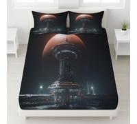 European Single Fitted Sheets - Ultrasoft Black Bed Sheets Breathable and Luxury Resistant Bedding Sets 2 Piece with Pillowcase with zipper closure30 CM Deep Hotel Technology Space Planets.