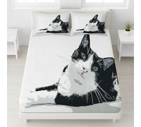 European Single Fitted Sheets - Ultrasoft White Bed Sheets Breathable and Luxury Resistant Bedding Sets 2 Piece with Pillowcase with zipper closure30 CM Deep Hotel Hand-drawn Animals Cat.