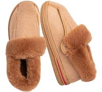 EUROPEAN SOFTEST Women's Micro Suede Faux Fur Fleece Lined 80-D High-Density Memory Foam Winter Slipper Bootie Breathable House Shoes Non Skid Indoor Outdoor Sole, Brown/X-wide, 11 X-Wide