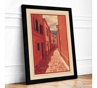 European Street at Dusk Vintage Framed Wall Art Print A3 (42×29.7cm) Black, Wall Decor for Living Room, Bedroom, Office & Home, Ready to Hang, Art Gift