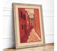 European Street at Dusk Vintage Framed Wall Art Print A3 (42×29.7cm) Oak, Wall Decor for Living Room, Bedroom, Office & Home, Ready to Hang, Art Gift