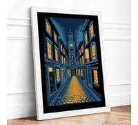 European Street at Evening Vintage Framed Wall Art Print A1 (84.1×59.4cm) White, Wall Decor for Living Room, Bedroom, Office & Home, Ready to Hang, Art Gift