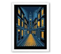 European Street at Evening Vintage Framed Wall Art Print A2 (59.4×42cm) White, Wall Decor for Living Room, Bedroom, Office & Home, Ready to Hang, Art Gift