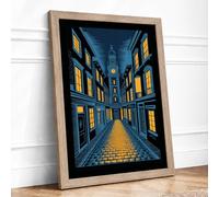 European Street at Evening Vintage Framed Wall Art Print A3 (42×29.7cm) Oak, Wall Decor for Living Room, Bedroom, Office & Home, Ready to Hang, Art Gift
