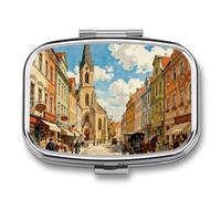 European Street View Pill Box 2 Compartments Portable Travel Pill Case Mini Medicine Organizer for Pocket Purse Metal Waterproof Medicine Container Holder Vitamin Fish Oil