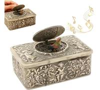 European Style 3D Embossed Bird Music Box, Wind Up, 10x6x4cm | Metal construction with 3D embossed floral and cherub motifs; plays music when wound up; compact 10x6x4cm size