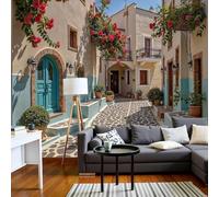 European-style architectural photo wallpaper, Mediterranean street wallpaper, non-woven wallpaper, modern wall covering for living room and bedroom, yellow, XXL wall decoration, motif wallpaper, 200cm