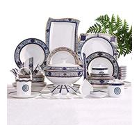 European Style Ceramics Dinnerware Set with 55 Pieces Bowl/Dish/Soup Pot/Spoon|Dinner Sets Blues Garden Pattern Porcelain Combination Set