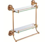 European-Style Floating Bathroom Shelves - Double-Layer Wall Mounted Shower Caddy for Cosmetics Shampoo and Seasoning Bottles - Copper Glass Vanity