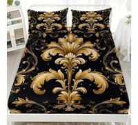 European Style Luxurious Artistic Patterns Single Fitted Bed Sheet - Hotel Luxury Breathable Fitted Sheet Deep Pocket 12 inch Gold Soft & Comfy Brushed Bed Sheet with 2 Pillowcases for Kids